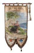 GUIDO GONIN&nbsp;Antique French banner hand painted on silk with gilt metal accouterments,&nbsp;19th century, signed lower right, 145cm high, 76cm wide
