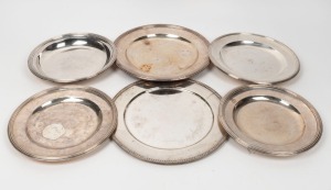 Six assorted silver plated platters, mostly French Christofle examples, the largest 34cm diameter