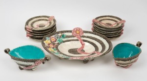 WEDGWOOD Majolica afternoon tea set comprising a serving bowl, jug and bowl, plus ten plates, 19th century, (13 items), the bowl 33cm wide