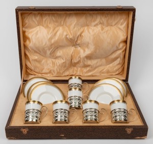 WEDGWOOD English porcelain coffee set with Walker & Hall sterling silver mounts in original case of issue, early 20th century, the case40cm wide, 160 grams silver weight