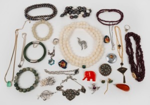 Assorted jewellery, necklaces, bangles, brooches, etc. Of note a platinum and yellow stone ring, (qty).