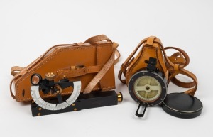 An Abney level clinometer, manufactured&nbsp;by Dobbie Brothers Pty. Ltd., Melbourne, Sydney, Adelaide; together with a field wet compass. Both in original leather cases. (2 items), the level 18cm long