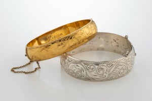 SCANDIA of Melbourne, engraved sterling silver bangle, together with a rolled gold example, 20th century, (2 items),&nbsp;