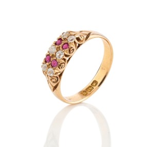 WILLIS & SON of Melbourne antique 15ct yellow gold ring adorned with rubies and diamonds, 19th century, stamped "15.W" with unicorn mark, 3.2 grams total