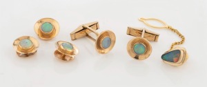 A suite of 9ct yellow gold and opal accessories comprising of a pair of cufflinks, tie pin and set of three studs, 20th century, 13.9 grams total