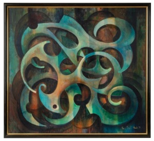HAN SNEL (1925-1998), untitled abstract, oil on masonite&nbsp;board, with newspaper clipping verso picturing the artist in his studio displaying this artwork, 59 x 65cm, 64 x 69cm overall.