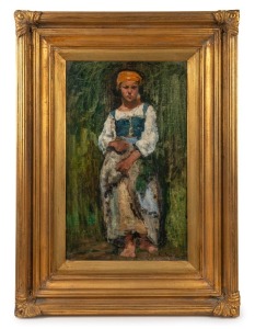ARTIST UNKNOWN (Farm girl), oil on board, early-20th century, signed indistinctly lower right, 50 x 29cm; framed 72 x 52cm.