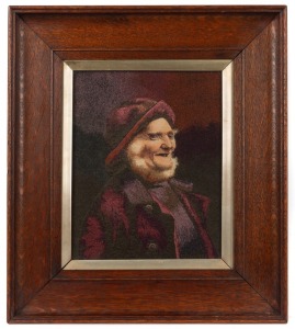 An antique English needlework portrait, titled "A jolly old Tar" on label verso, in original oak frame by Mackintosh of London, 19th century, ​​​​​​​overall 42 x 37cm.