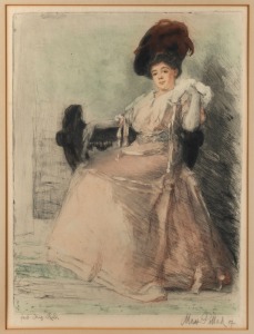 MAX POLLAK (Czech/American, 1886 - 1970), (Portrait of a lady), dry-point etching, hand coloured, signed and dated "07" in lower margin, 46 x 35cm; framed 67 x 55cm overall.