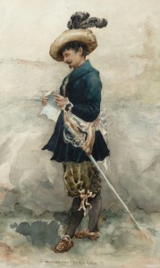 CHARLES CATTERMOLE (1832-1900), Reading the Challenge, watercolour, initialled, titled and dated '92 in the image, 30 x 18cm; overall 52 x 40cm.