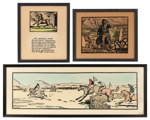 Jack Butler Yeats, The Cuala Press, Dublin Ireland. Three hand coloured&nbsp;wood block&nbsp;prints, including "Start Of The Race", "The New Ballad" and "The Ancient Mare" all framed and glazed. 20th century; "Start Of The Race" 18.5cm high, 49.5cm wide overall.