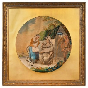 An antique English silk and stump-work pictorial seaside village scene, after the original by Henry William, in vibrant colours, early 19th century, ​​​​​​​with water gilt slip in gilt frame, overall 44 x 43cm.