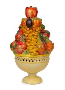 An impressive vintage Italian porcelain lidded bowl with fruit basket display top, 20th century, 49cm high