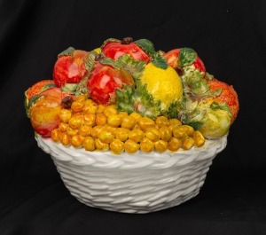 A vintage Italian porcelain fruit basket display, 20th century, 25cm high, 34cm wide