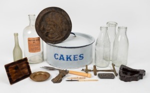 Enamel cake tin, vintage bottles including "Mutton Bird Oil", carved timber plaque, bakelite ashtray and picture frame, antique document clip, antique silver plated bread fork with whalebone handle, drawing implement and bodkin, silver belt buckle, brass 