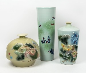 Three Chinese porcelain vases with fish and flower decoration, late 20th century, the largest 51cm high