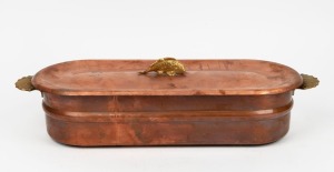 A vintage copper and brass fish kettle with liner, 20th century, 55cm wide