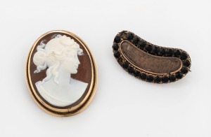 A Georgian crescent shaped mourning brooch (damaged), together with a gold mounted cameo brooch, 19th century, (2 items),&nbsp; the cameo 3.3cm high