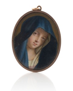 An antique miniature hand-painted portrait of a lady in blue, mounted in an oval rose gold frame, 19th century, mourning display window verso, ​​​​​​​6cm high