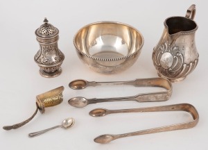 Antique sterling silver sparrow beak jug, two pairs of sugar tongs, sugar scoop, pepper pot, mustard spoon and sugar bowl, (7 items), the jug 10cm high, 372 grams total