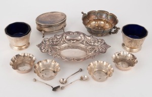Pierced silver dish, assorted salt cellars, trinket box and a bowl, 19th and 20th century, (12 items), the pierced dish 14cm wide, 215 grams (excluding liners)