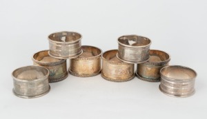 Antique English sterling silver napkin rings, four with hobnail and gadrooned decoration (Britannia standard) made by J. B. Chatterley & Sons of Birmingham, circa 1991. The other set marked TS (unidentified) of Birmingham, circa 1934, (8 items), ​​​​​​​16