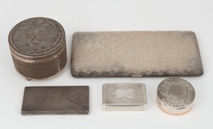 Silver cigarette case, Chinese&nbsp;pierced silver circular box, silver snuff box, silver trinket box, and a silver calling card case, 19th/20th century, (5 items), ​​​​​​​the largest 16.5cm wide, 402 grams total
