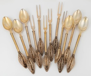 A set of 930 silver cocktail spoons and forks with filigree basket handles and gilt finish, 20th century, (12 items), ​​​​​​​15.5cm long, 214 grams total
