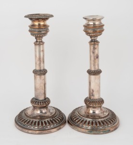 A pair of antique English Sheffield plate candlesticks, 19th century, ​​​​​​​26cm high