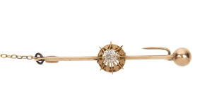An antique rose gold and diamond solitaire bar brooch, circa 1900, 5cm long, 4.6 grams total
