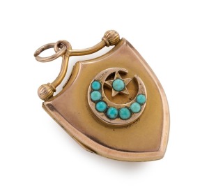 ARONSON of Melbourne, antique 9ct yellow gold and turquoise shield shaped locket, 19th century, stamped "9" with pictorial marks, ​​​​​​​4cm high, 7.9 grams total