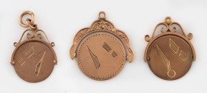 MASONIC SPINNER FOBS, group of three antique Australian 9ct rose gold examples, two made by ARONSON of Melbourne, 19th/20th century, ​​​​​​​10.7 grams total