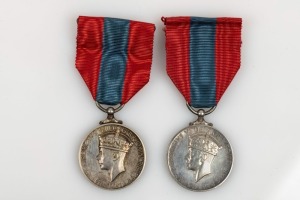 KING GEORGE VI Meritorious Service Medals: 1937-48 "Faithful Service" types (to SIDNEY NORRIS GIBBONS) and the 1949-52 type (to EASTMAN WEST); both with ribbons. (2).