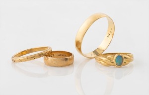 ANGUS & COOTE Australian 18ct yellow gold wedding band, stamped "A.C. 750"; together with an 18ct gold band by WILLIAM DRUMMOND, and an 18ct gold and opal ring, and a 9ct gold band (child's&nbsp;size), mixed vintages, (4 items), 13.7 grams total