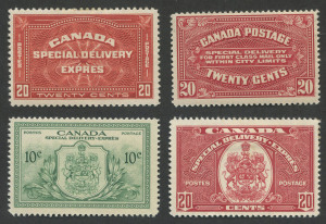 CANADA: SPECIAL DELIVERY: 1922 (SG.S4) 20c carmine-red, 1930 (SG.S6) 20c brown-red, 1938 (SG.S10) 20c scarlet & 1942 (SG.S12) 10c green. All fine M/MLH. (4). Cat.£146.