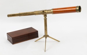 A Georgian mahogany cased travelling telescope with folding table stand, made by RAMSDEN of London, early 19th century, ​​​​​​​the box 6cm high, 26cm wide, 13cm deep