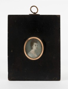 An antique hand-painted portrait miniature on ivory in ebonized frame with rose gold mount, 19th century, 12 x 9cm overall