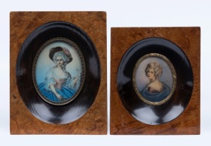 Two oval portrait miniatures of ladies housed in timber frames, the larger 16 x 13cm overall