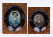 Two oval portrait miniatures of ladies housed in timber frames, ​​​​​​​the larger 16 x 13cm overall