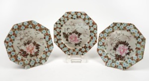 Three antique Japanese hand-painted octagonal porcelain plates, Meiji Period, A/F, 20cm wide