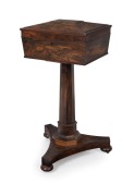 GILLOWS&nbsp;(attributed),&nbsp;fine quality antique English William IV rosewood veneered&nbsp;sarcophagus&nbsp;form teapoy with&nbsp;original&nbsp;fitted interior with four lidded caddys and two mixing bowls. Faceted tapering pedestal terminating&nbsp;in a triform base with bun feet and b