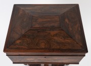 GILLOWS&nbsp;(attributed),&nbsp;fine quality antique English William IV rosewood veneered&nbsp;sarcophagus&nbsp;form teapoy with&nbsp;original&nbsp;fitted interior with four lidded caddys and two mixing bowls. Faceted tapering pedestal terminating&nbsp;in a triform base with bun feet and b - 5