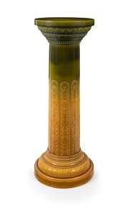 CHRISTOPHER DRESSER impressive antique English Arts & Crafts pottery pedestal with green and yellow Majolica glaze and sunflower floral decoration, made at Ault Potteries Derbyshire, circa 1895, impressed "ENGLAND". Illustrated page 84 in&nbsp;"Christopher&nbsp;Dre