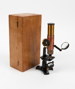 19th-century brass and steel microscope, 22cm at highest setting,&nbsp;in timber box.