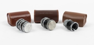 BOLEX-PAILLARD: Three lenses, each in leather case - one Yvar-Filtin 12.5mm f2.8 with front and rear caps, one Yvar 13mm f1.8 with front and rear caps, and one Yvar 13mm f1.9 with rear cap. (3 lenses)