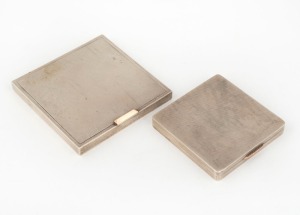 Two antique sterling silver compacts, both with rose gold clasps, 19th/20th century, the larger 9cm wide, 424 grams total including mirrored interiors.