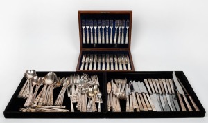 An antique English fish cutlery set with mother of pearl handles in original fitted walnut canteen, 19th century; together with a quantity of Community silver plated cutlery, 20th century, the canteen 30.5cm wide