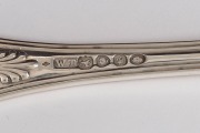 A fine antique English Kings pattern cutlery service for twelve. The forks and spoons made by Walter Tweedie&nbsp;of London, circa 1837. The&nbsp;entree knives stamped "A.H." circa 1831, the dinner knives&nbsp;made in Sheffield by Martin Hall & Co. Note all knives with - 4