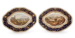 DERBY pair of antique porcelain cabinet&nbsp;dishes by Bloor Derby with gilt border decoration on a blue ground&nbsp;with hand-painted pictorial scenes to the centres of Bologna, and Hawes Water, from Thwaite-Force Westmorland,&nbsp; 19th century, titles and factory mar
