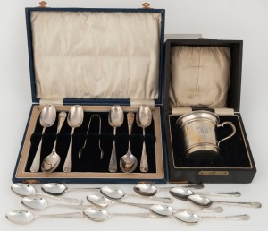 An antique English sterling silver christening mug in fitted case with engraved monogram and date 7.1.27, made in Birmingham, circa 1925; together with a set of six Hanoverian rat tail style&nbsp;tea spoons and sugar nips in fitted case by G.M. & S. Ltd. of Sh
